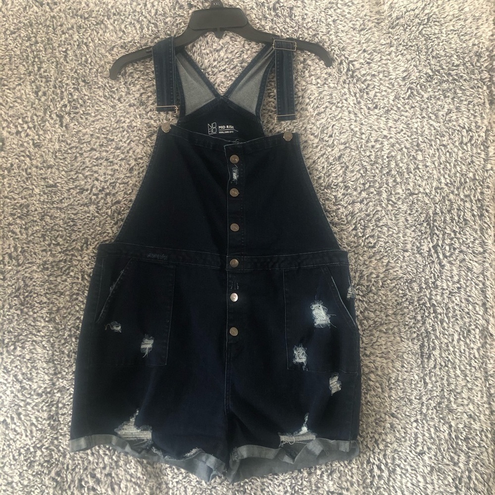 No Boundries Jean Bib Overalls  Womens 3XXL   Distressed Front ButtonsDa…